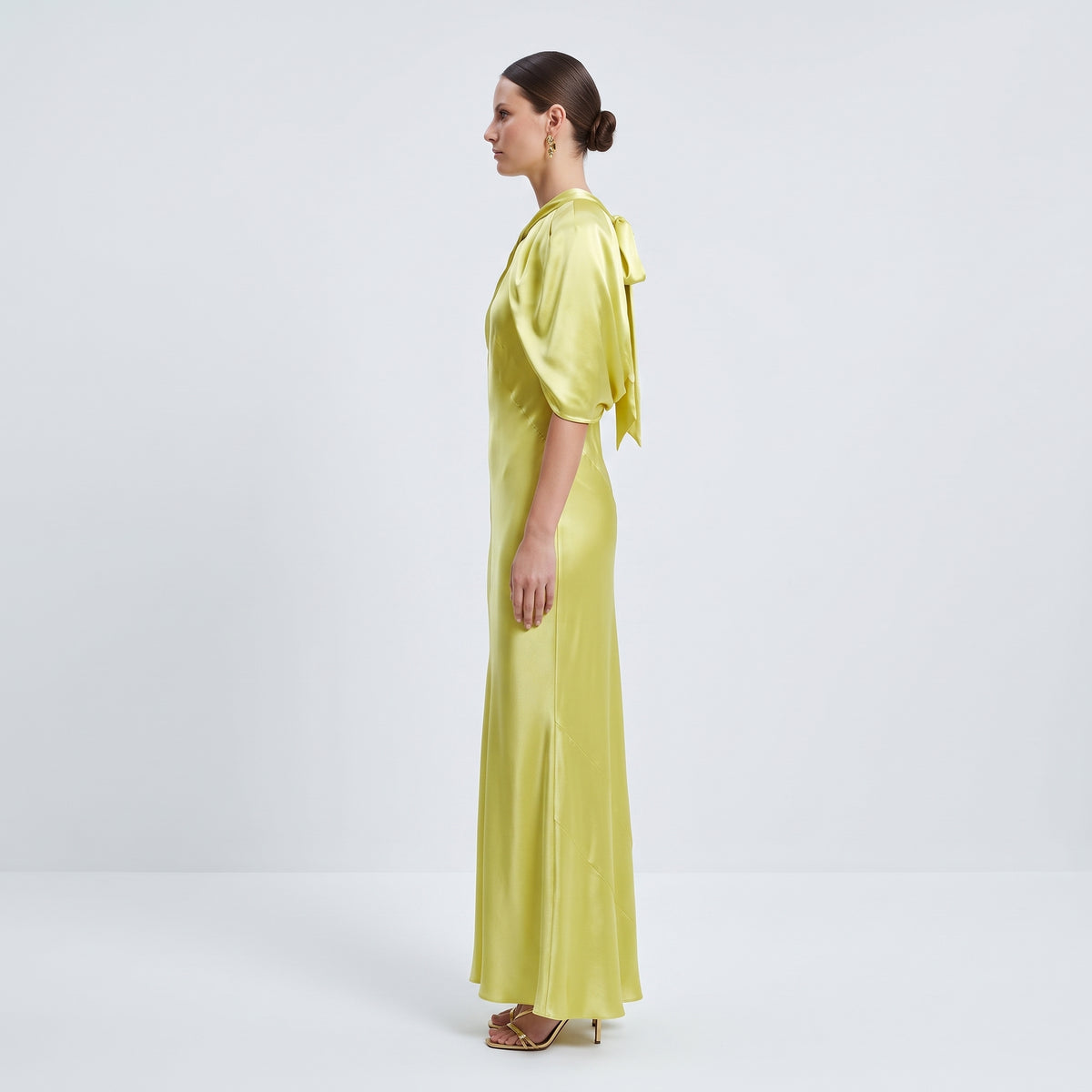 Draped Yellow Satin Maxi Dress