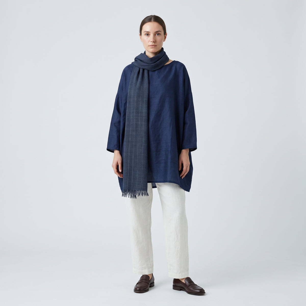 ESKANDAR Navy Grid Fringed Scarf - view 2