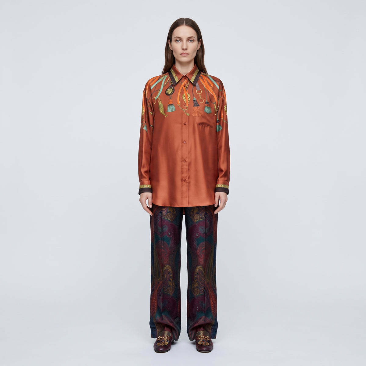 Orange Silk Tassel Print Shirt