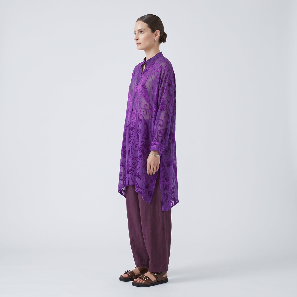 ESKANDAR Collarless Purple Devoré Long Shirt - view 4