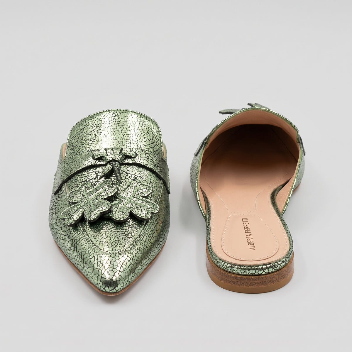 Metallic Green Floral Pointed Mules
