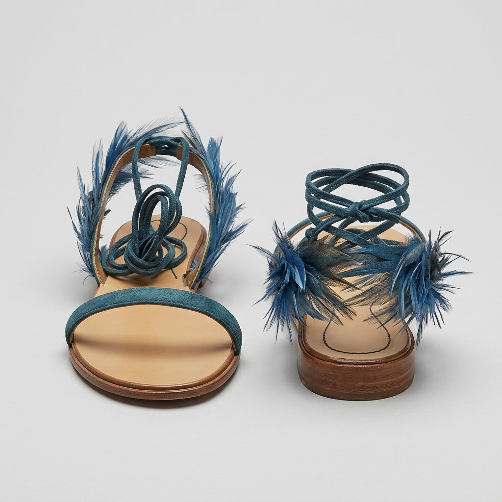 Feather Lace Up Flat Sandals