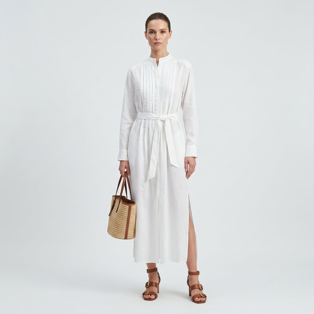 ALBERTA FERRETTI White Pleated Belted Shirt Dress - view 3