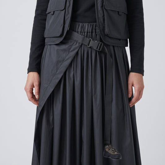 Black Pleated Belted Midi Skirt