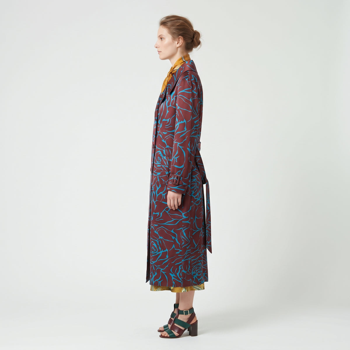 Burgundy Floral Belted Trench Coat