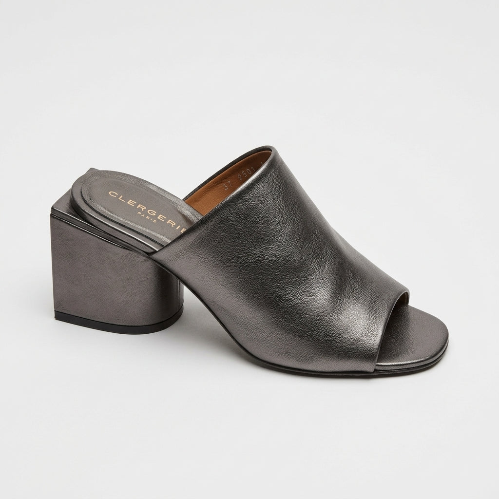 Metallic Leather Block Heel Mules