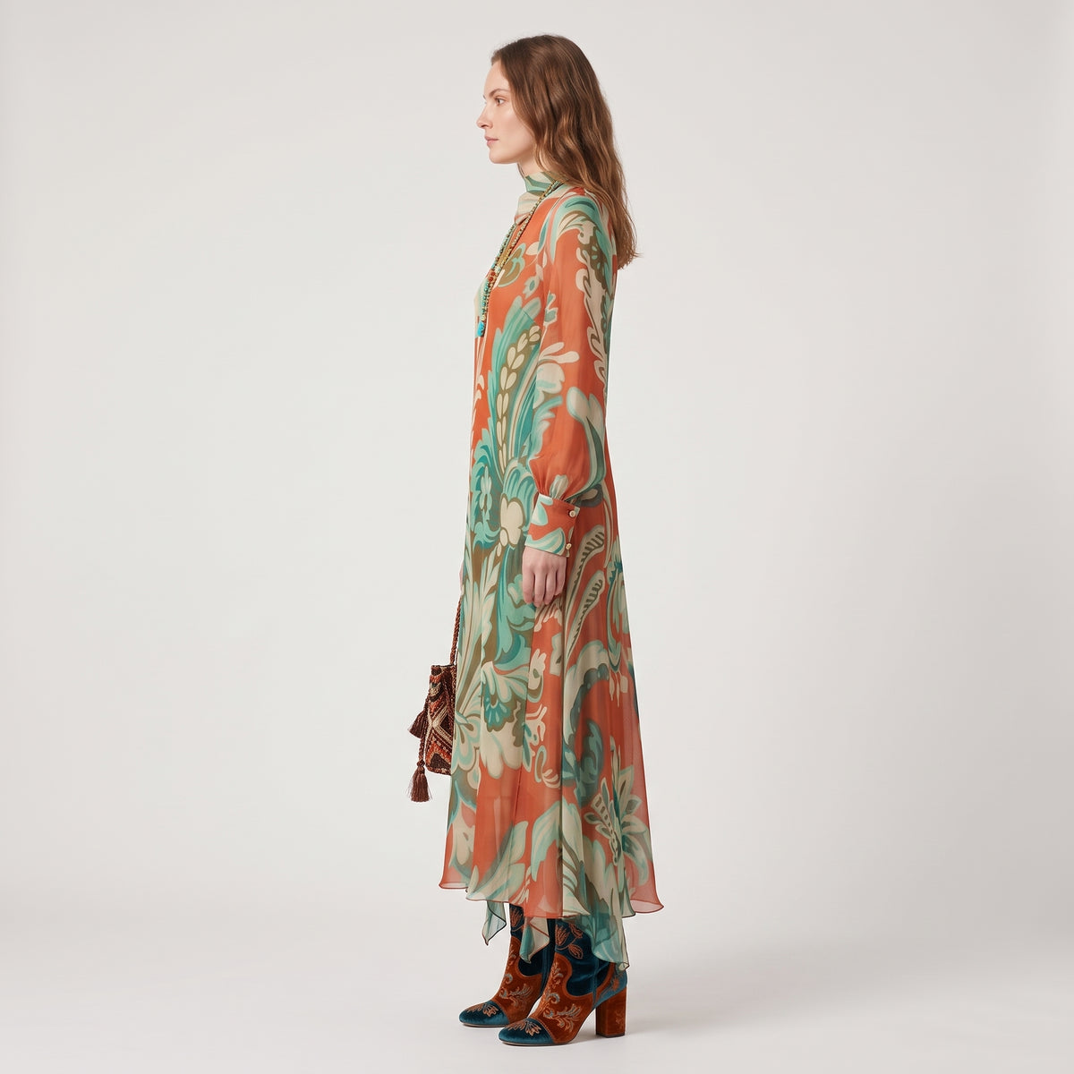 Orange Floral Silk Midi Dress