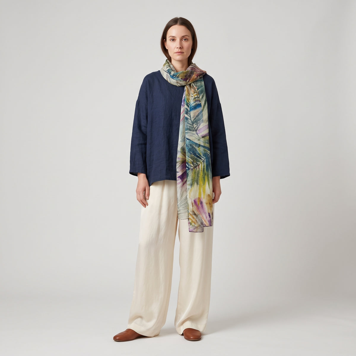 ESKANDAR Botanical Printed Large Silk Scarf - view 2