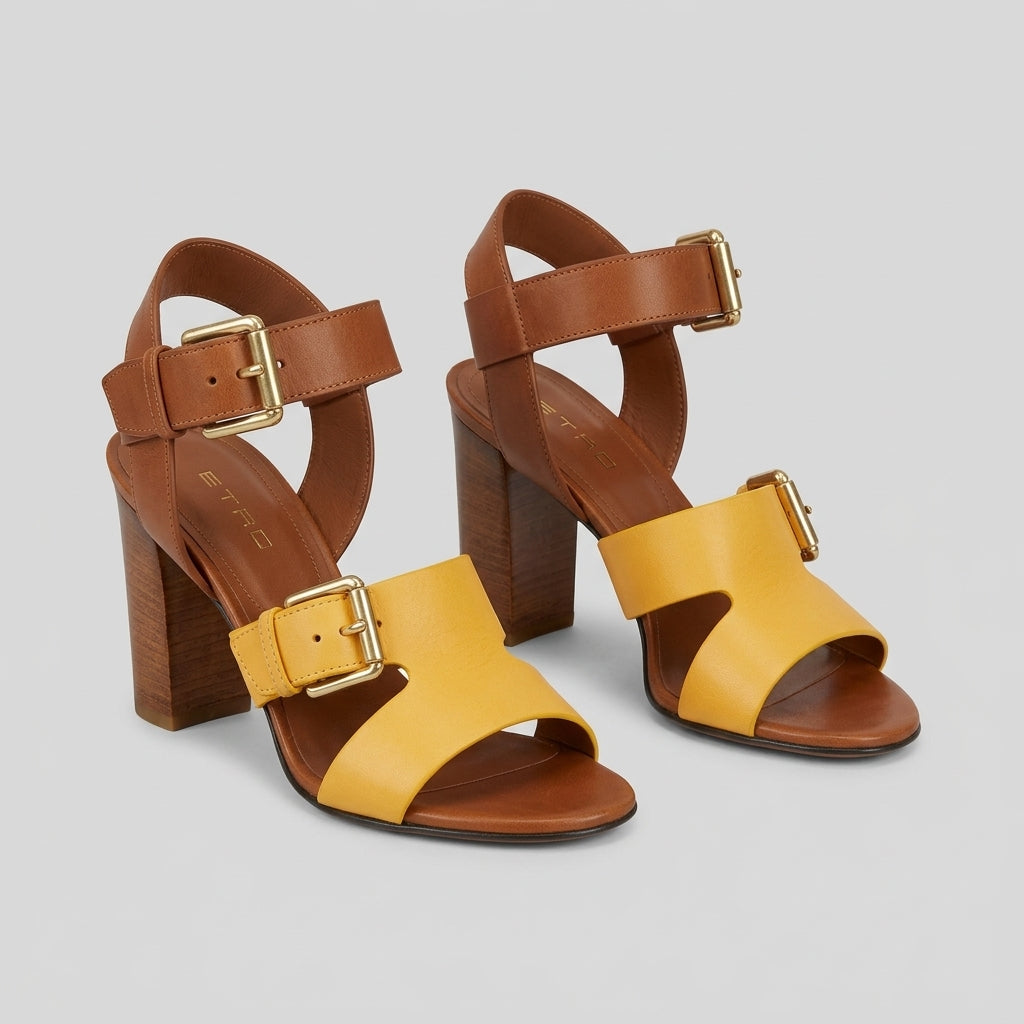 Two-Tone Leather Block Sandals