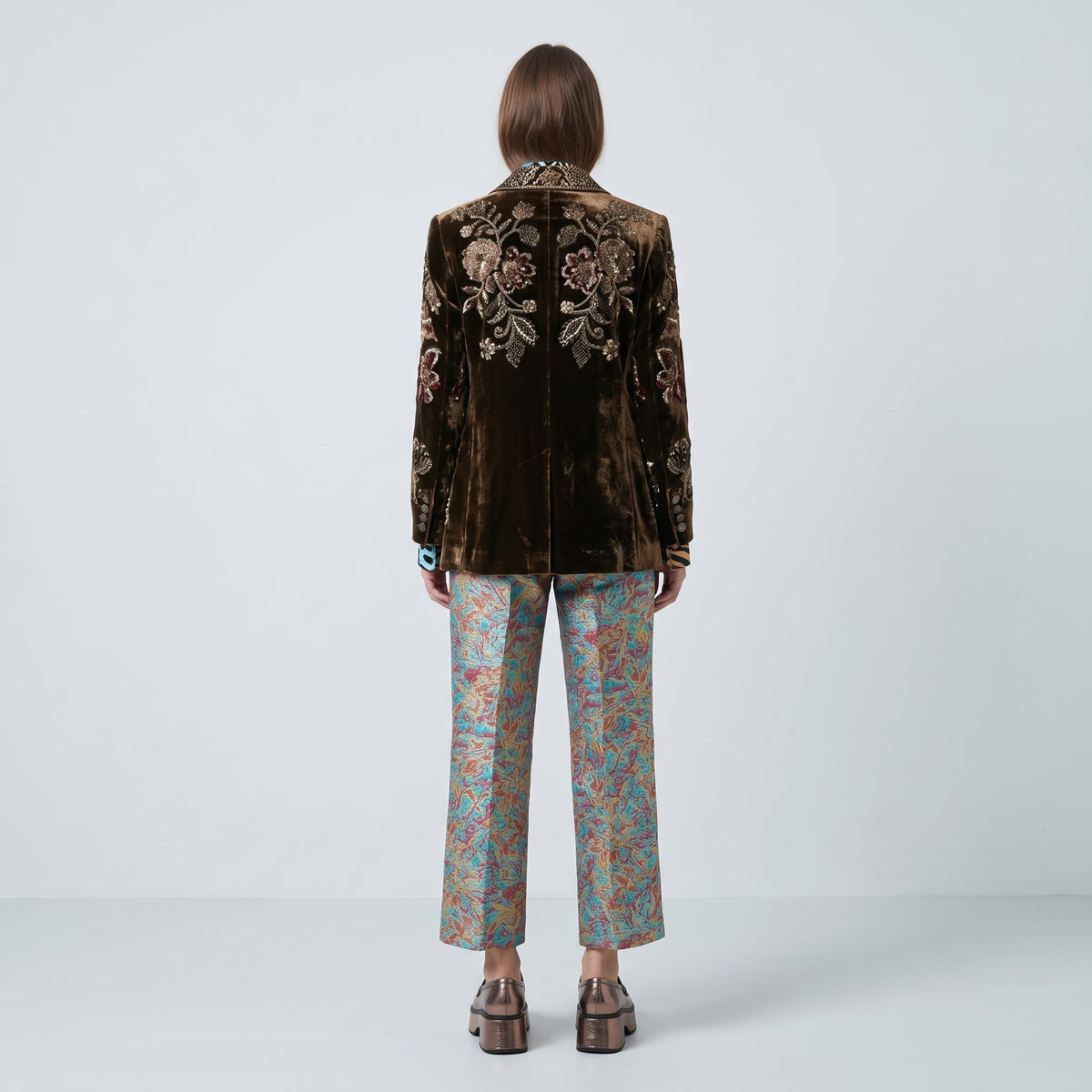 Turquoise Jacquard Cropped Trousers