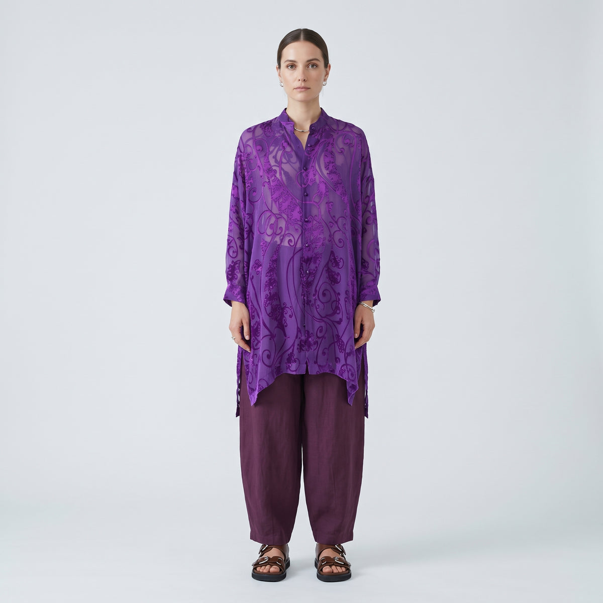 ESKANDAR Collarless Purple Devoré Long Shirt - view 3