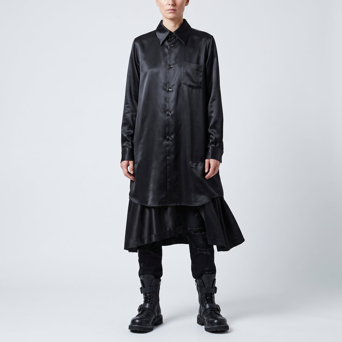 Black Satin Tiered Shirt Dress