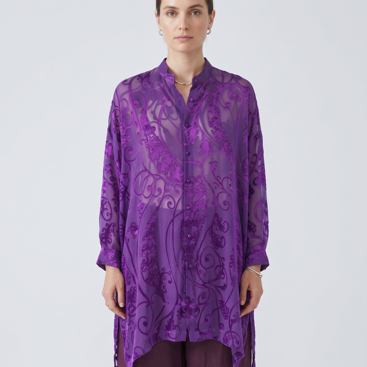 ESKANDAR Collarless Purple Devoré Long Shirt - view 2