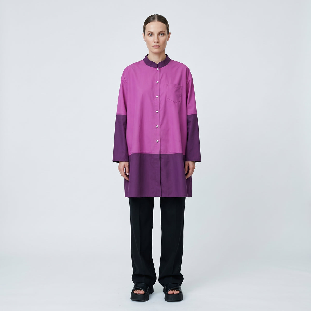 TSUNODA Color-Blocked Purple Band-Collar Shirt - view 3