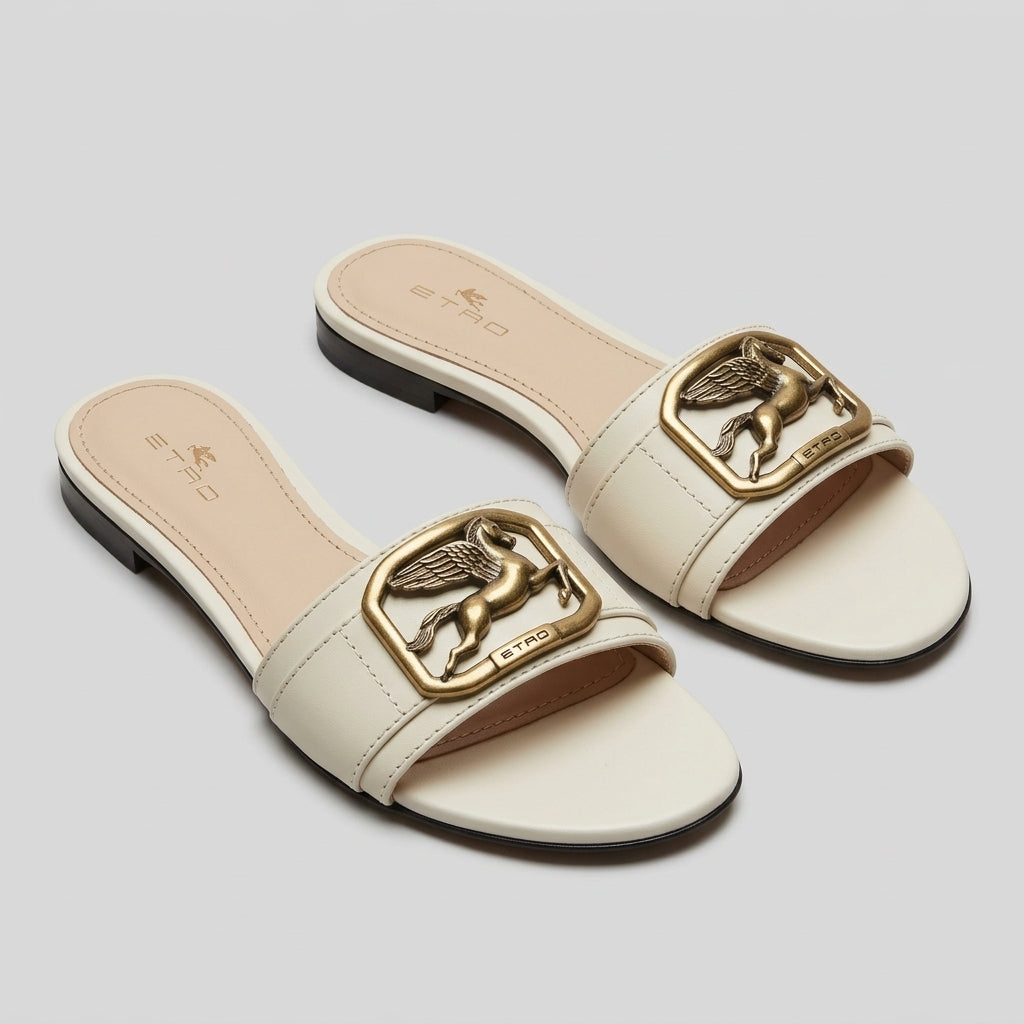 Pegasus Emblem Leather Slide Sandals