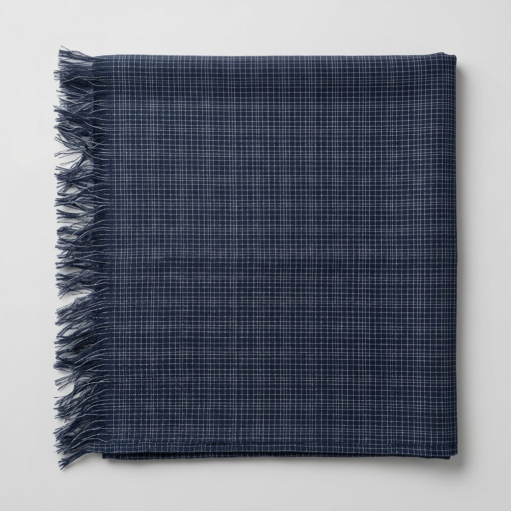 ESKANDAR Navy Grid Fringed Scarf
