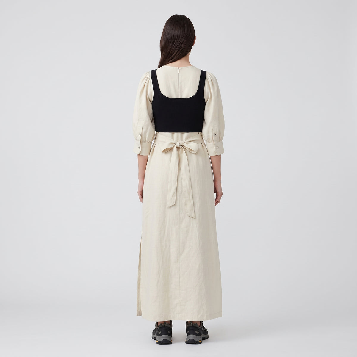 Oatmeal Puff Sleeve Midi Dress
