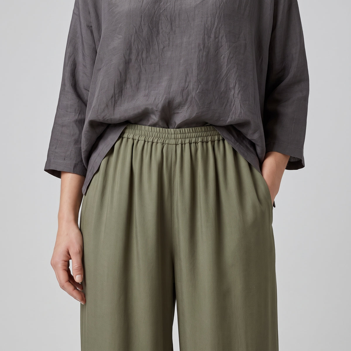 Wide-Leg Elasticated Olive Trousers