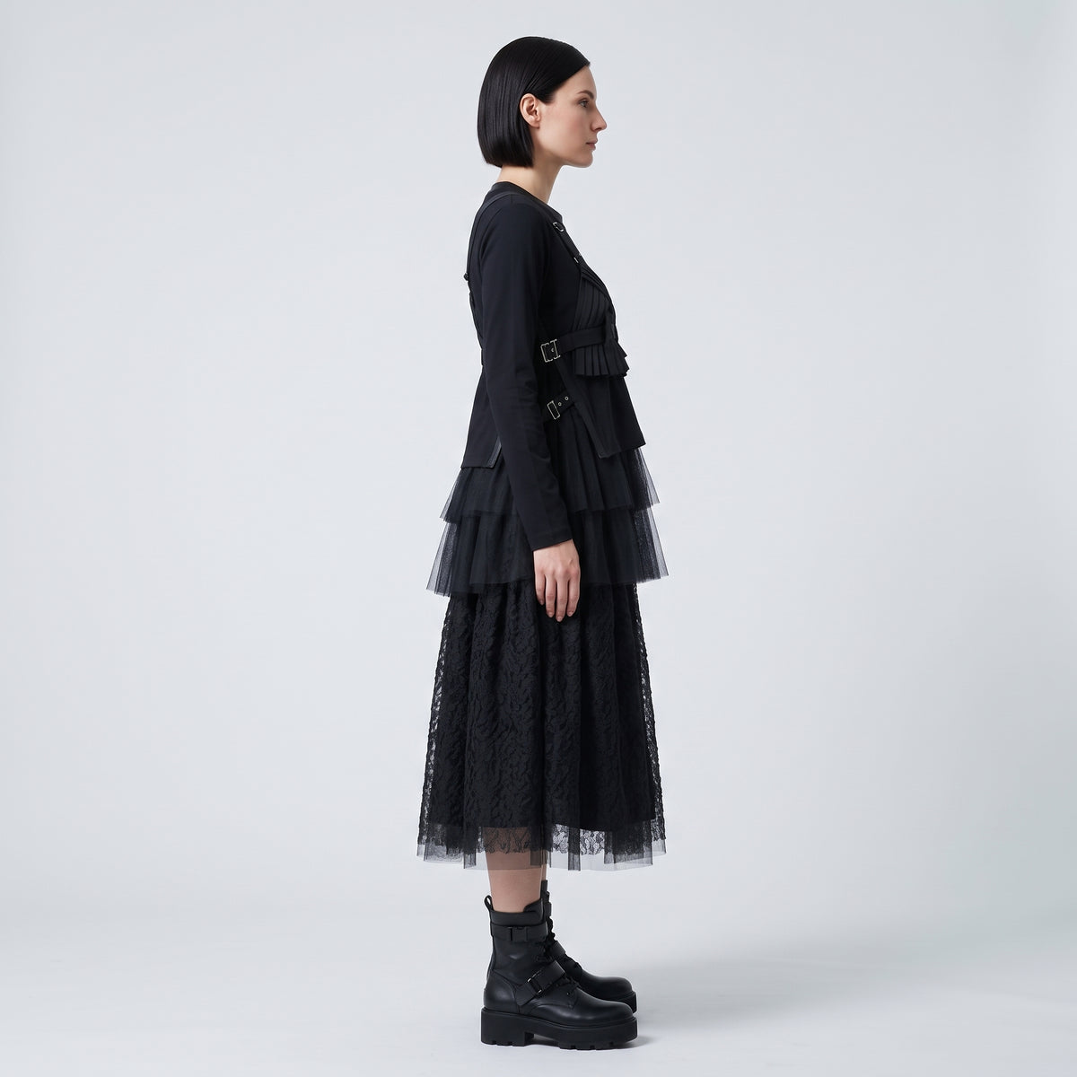 Buckled Tulle Hem Knit Top