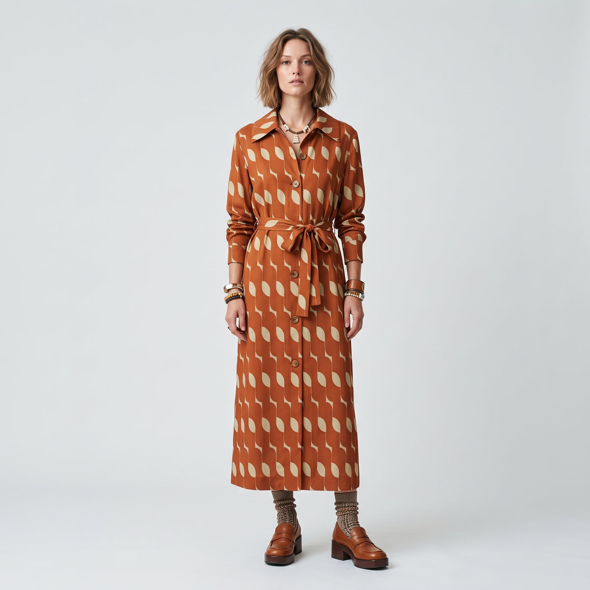DRIES VAN NOTEN Patterned Rust Belted Coat - view 3