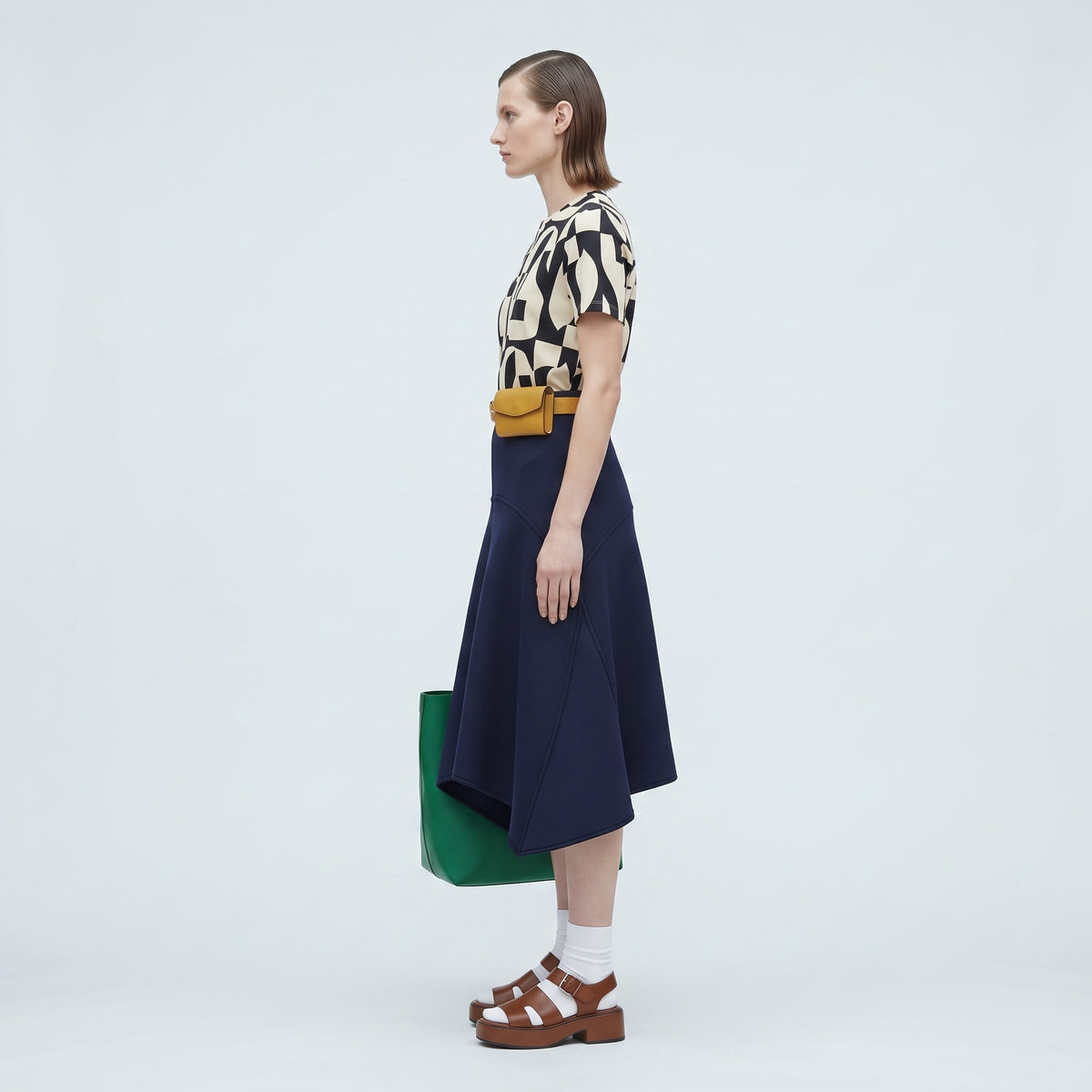 PLAN C Structured Navy Flared Midi Skirt - view 3