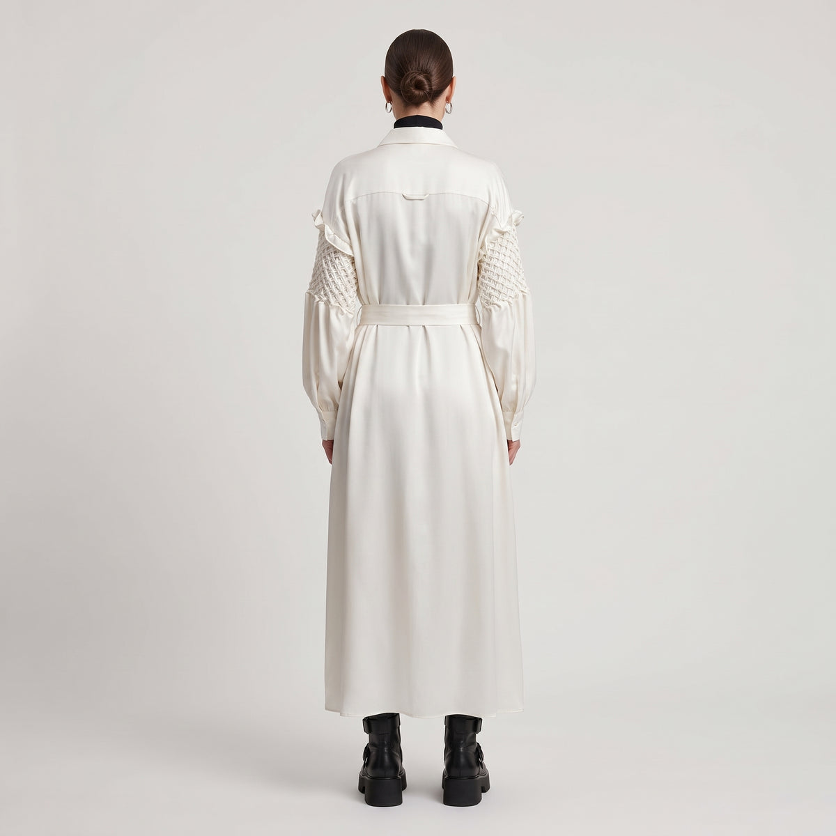 BY FANG Cream Smocked Sleeve Shirt Dress - view 5