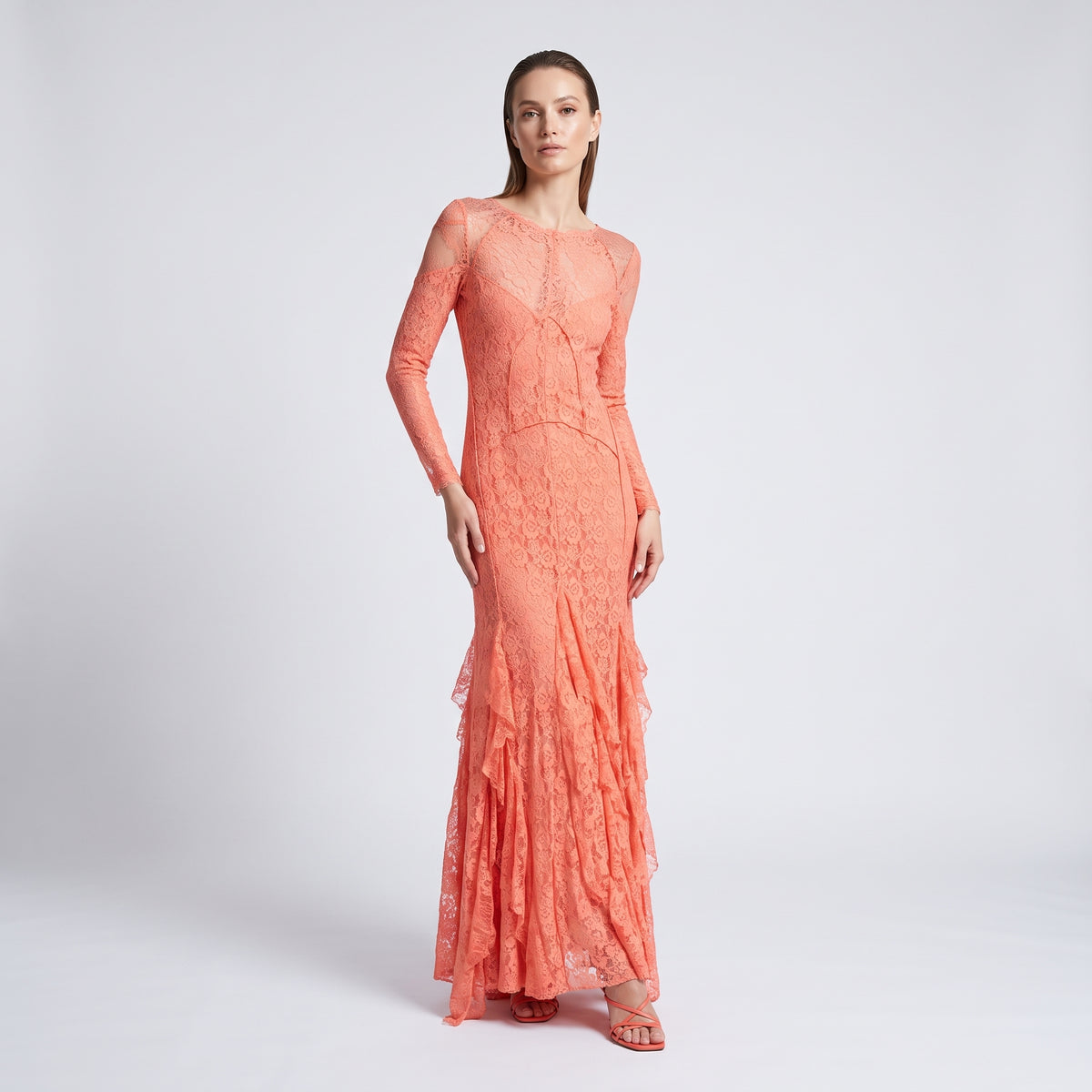 NINA RICCI Orange Lace Long Sleeve Gown - view 3