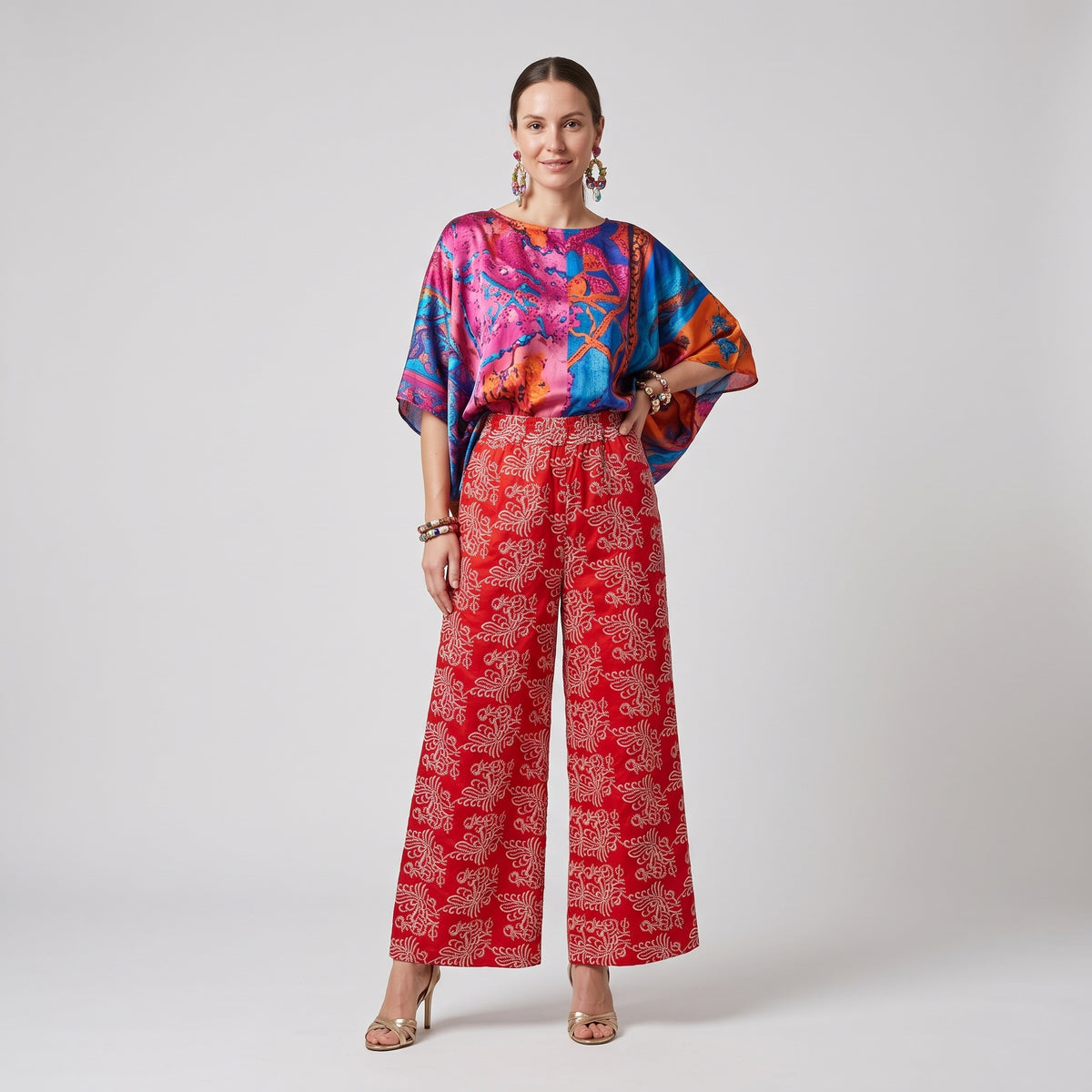 Red Printed Wide-Leg Trousers