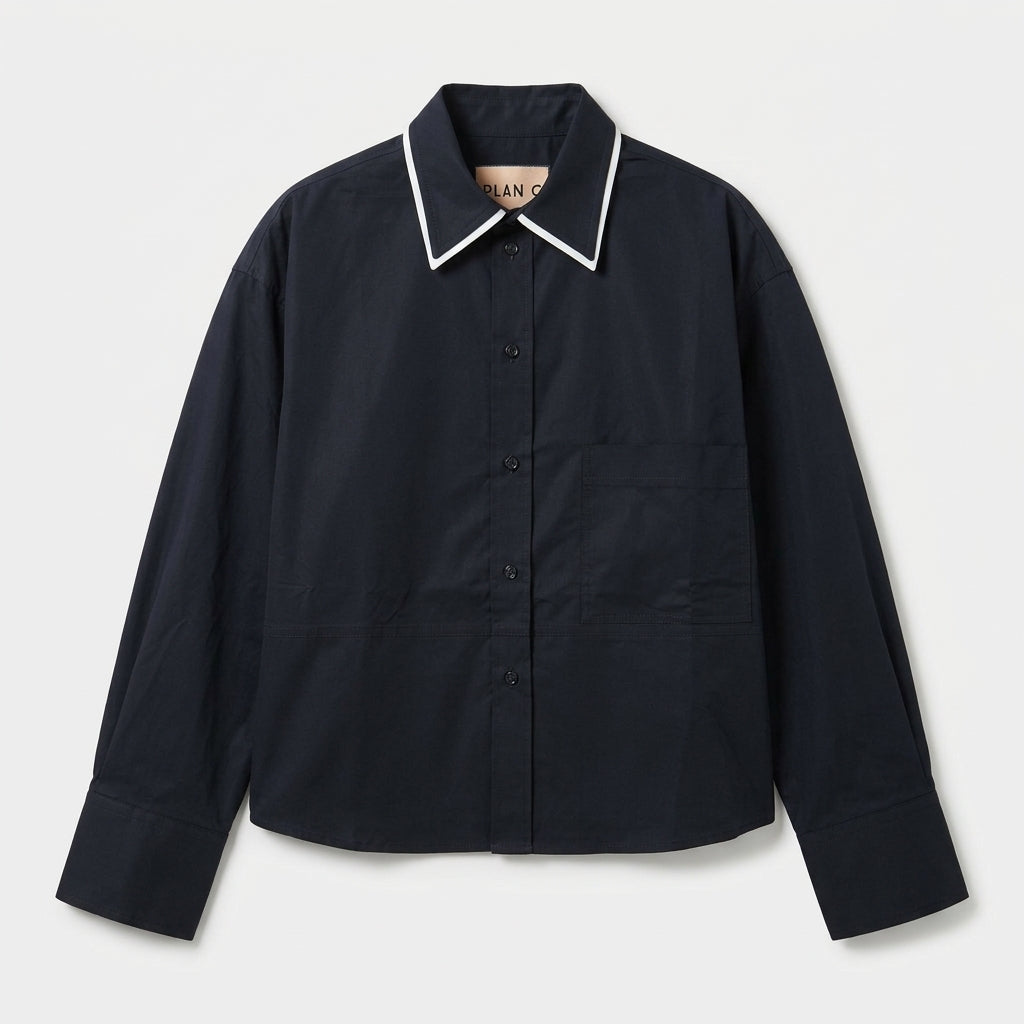 PLAN C Contrast Trim Navy Cotton Shirt