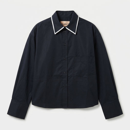 PLAN C Contrast Trim Navy Cotton Shirt