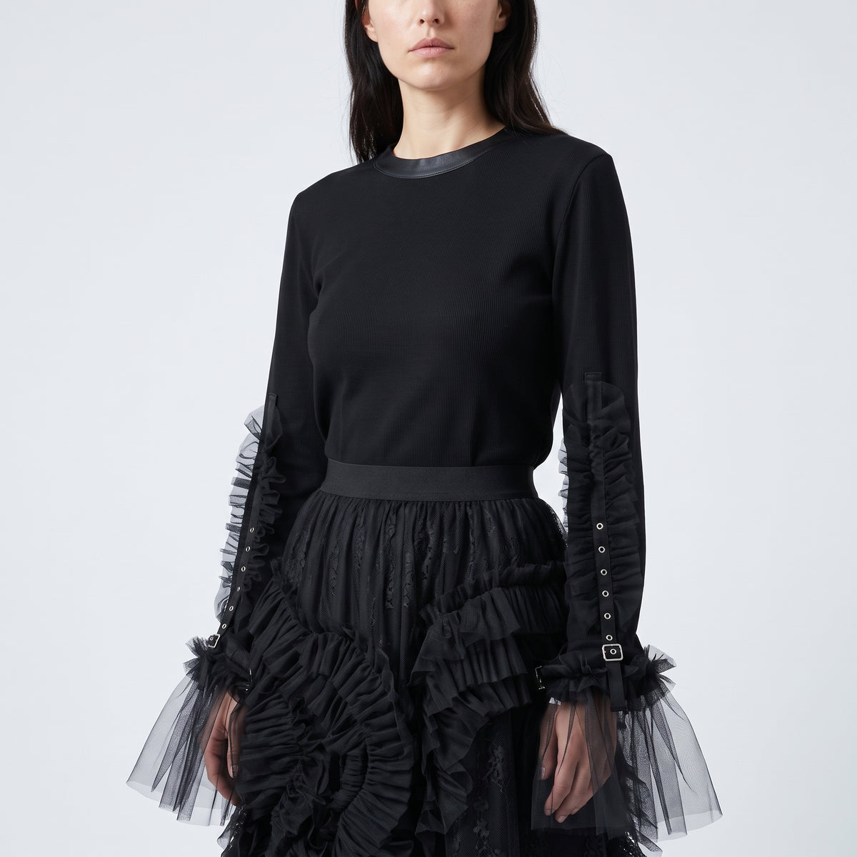 Buckled Tulle Sleeve Blouse