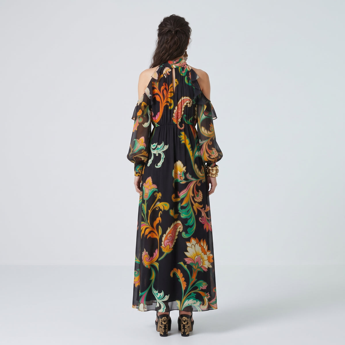 Paisley Cold-Shoulder Midi Dress
