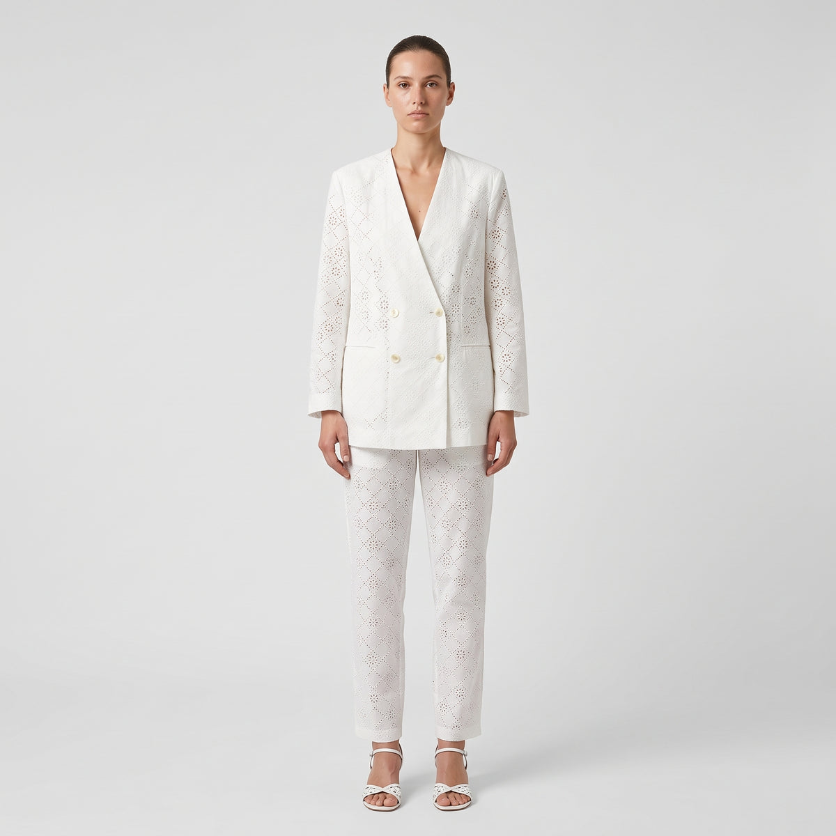 White Eyelet Double Breasted Blazer