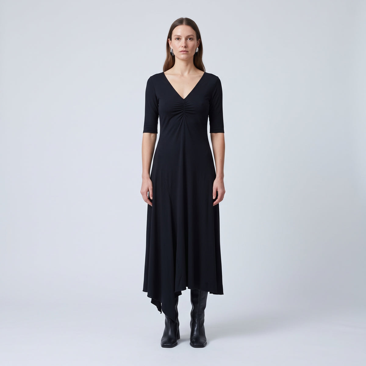 Asymmetric Ruched Black Dress