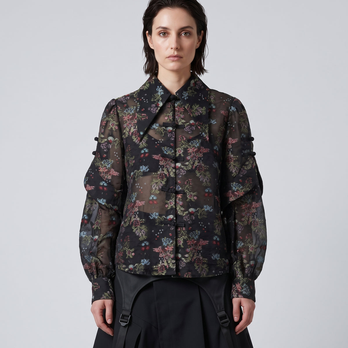 Sheer Floral Toggle Blouse