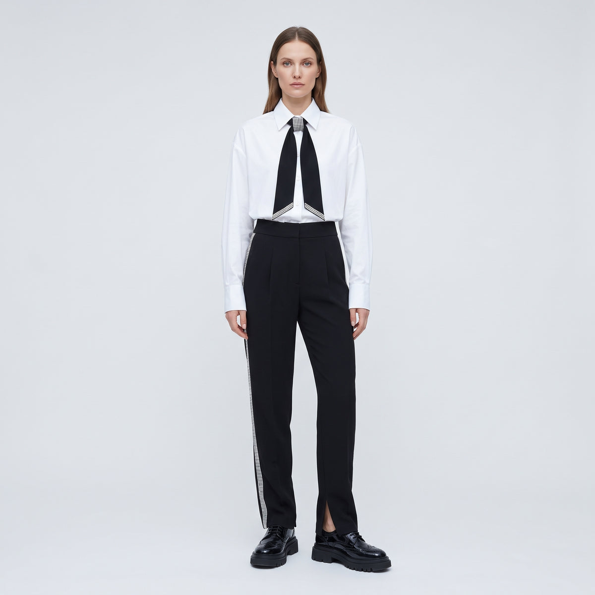Embellished Crepe Split-Hem Trousers