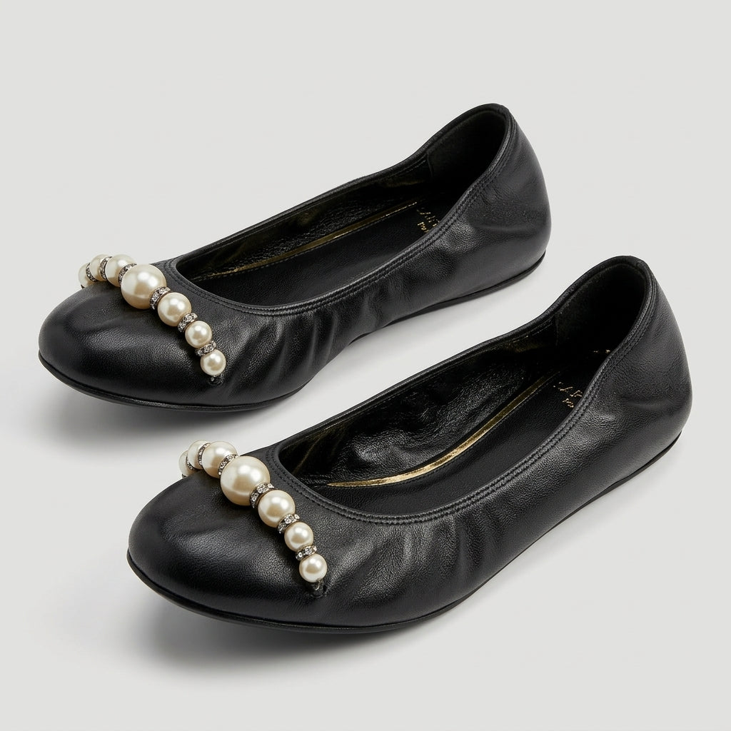 Pearl Embellished Leather Ballet Flats