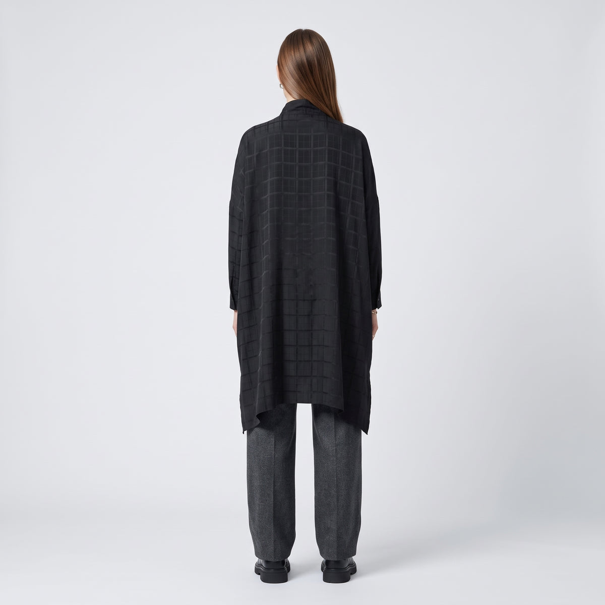 ESKANDAR Grid Textured Mandarin Collar Shirt - view 5