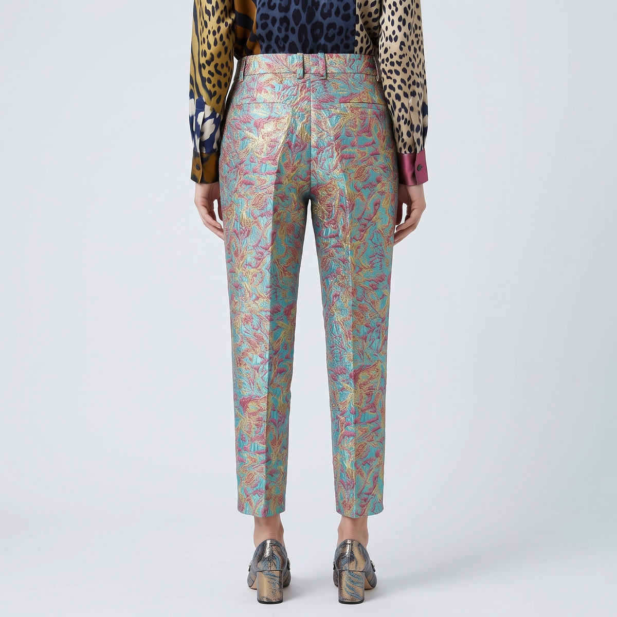 Metallic Turquoise Jacquard Trousers