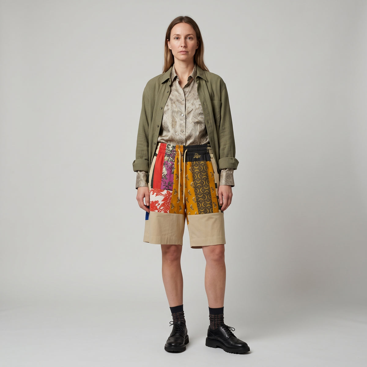 Patchwork Cotton Drawstring Shorts