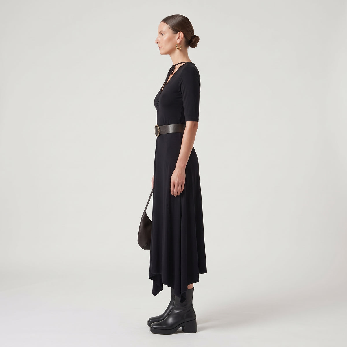Asymmetric Ruched Black Dress