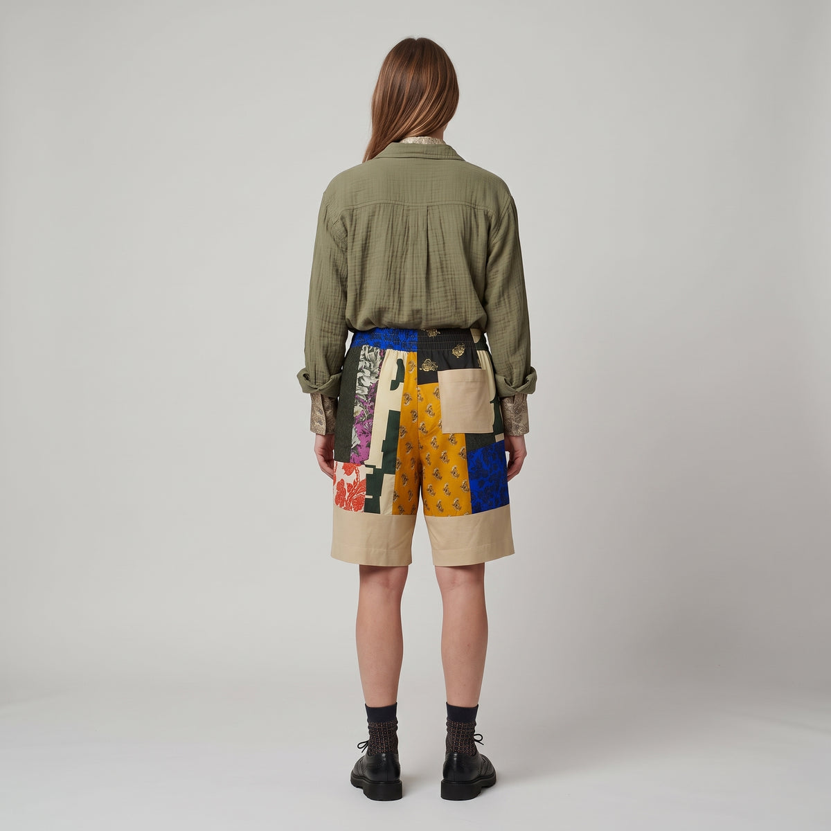 Patchwork Cotton Drawstring Shorts