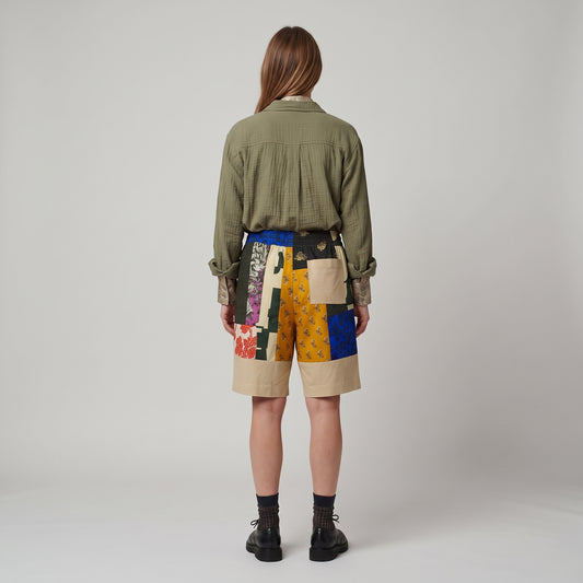 Patchwork Cotton Drawstring Shorts