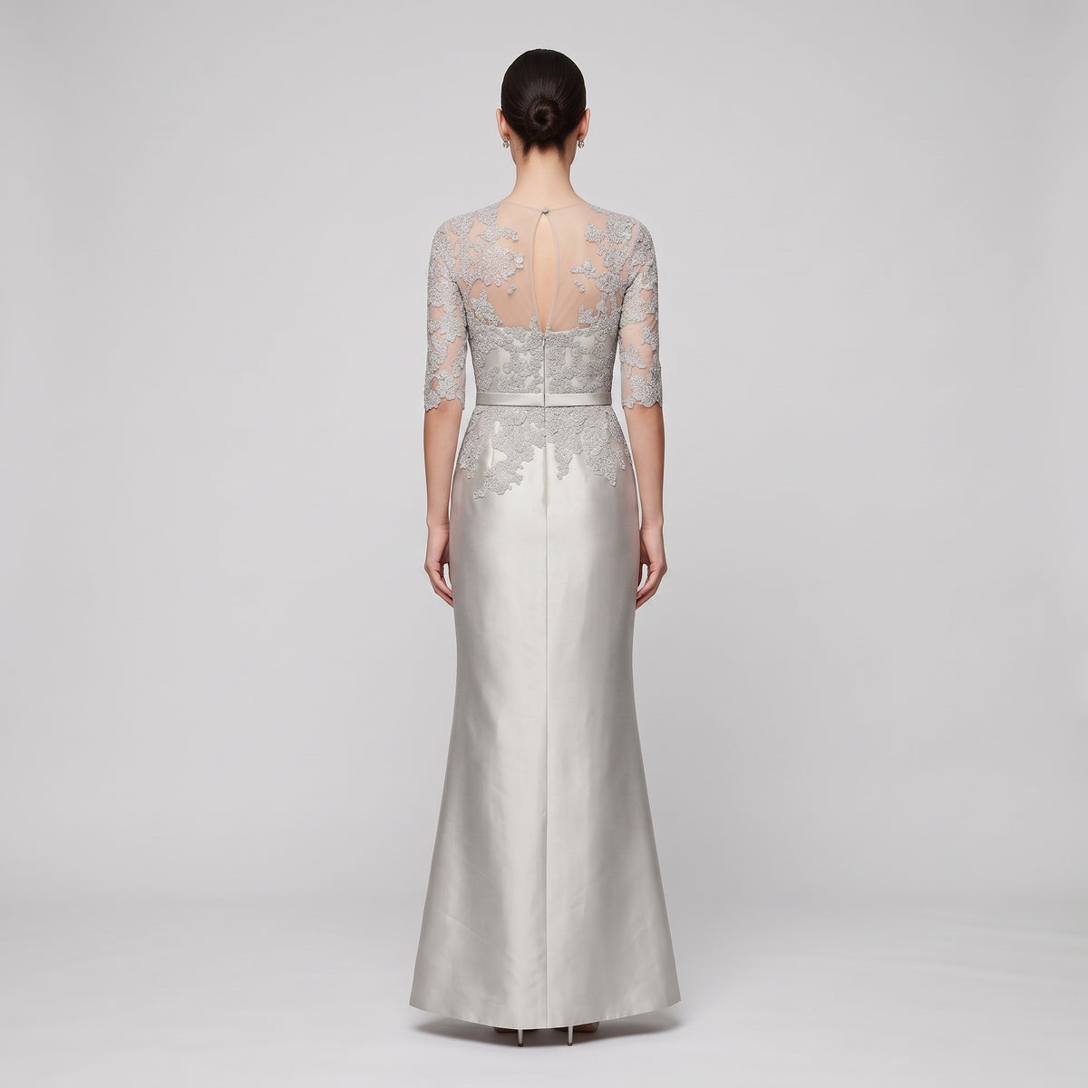 REEM ACRA Silver Lace Appliqué Evening Gown - view 5