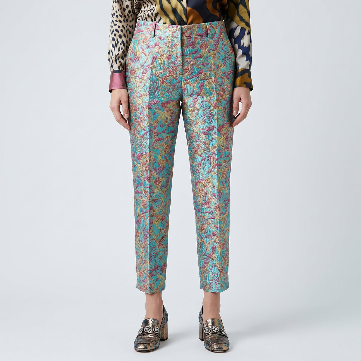 Metallic Turquoise Jacquard Trousers