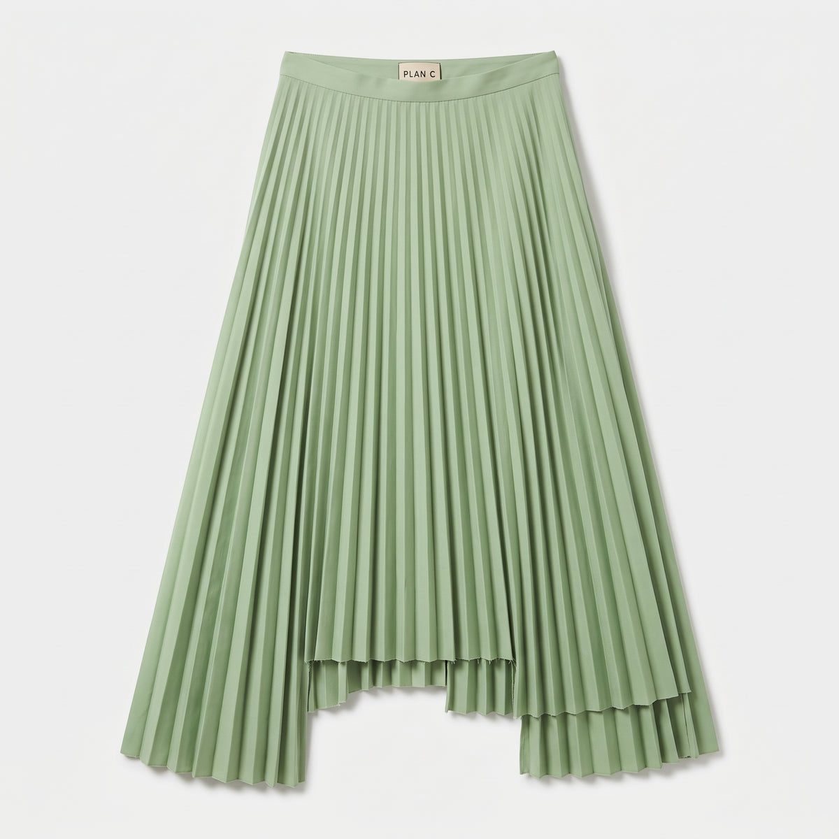 PLAN C Pleated Asymmetric Mint Midi Skirt