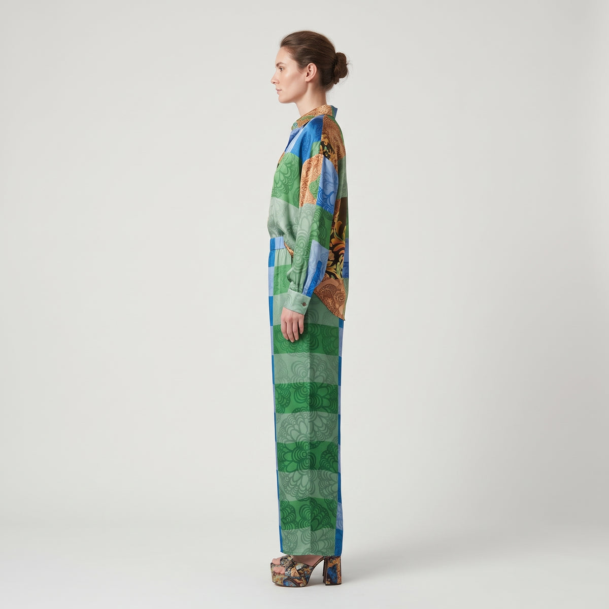 Patterned Wide Leg Silk Trousers