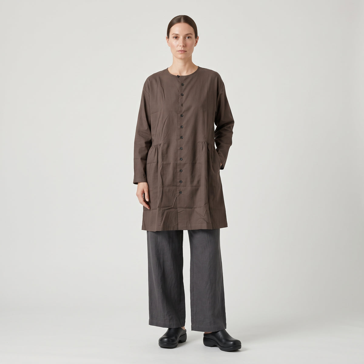 ESKANDAR Brown Collarless Long Tunic Shirt - view 3