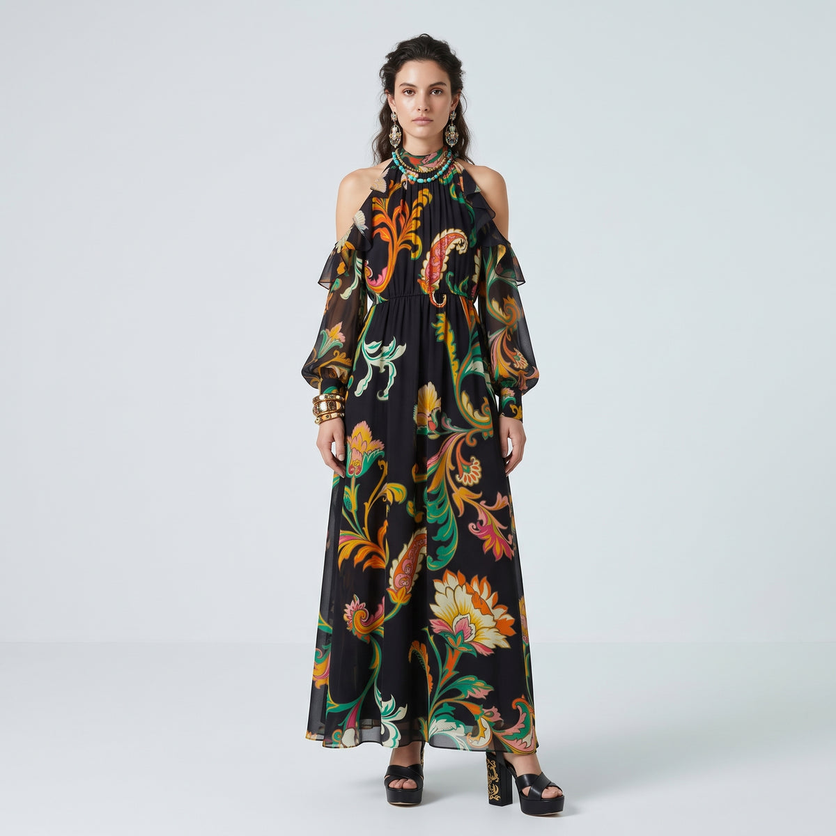 Paisley Cold-Shoulder Midi Dress