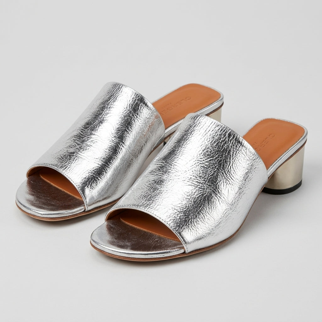 Silver Metallic Block Heel Mules